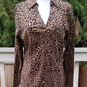 NWT Charter Club leopard print puma cotton long sleeve V-neck top size M